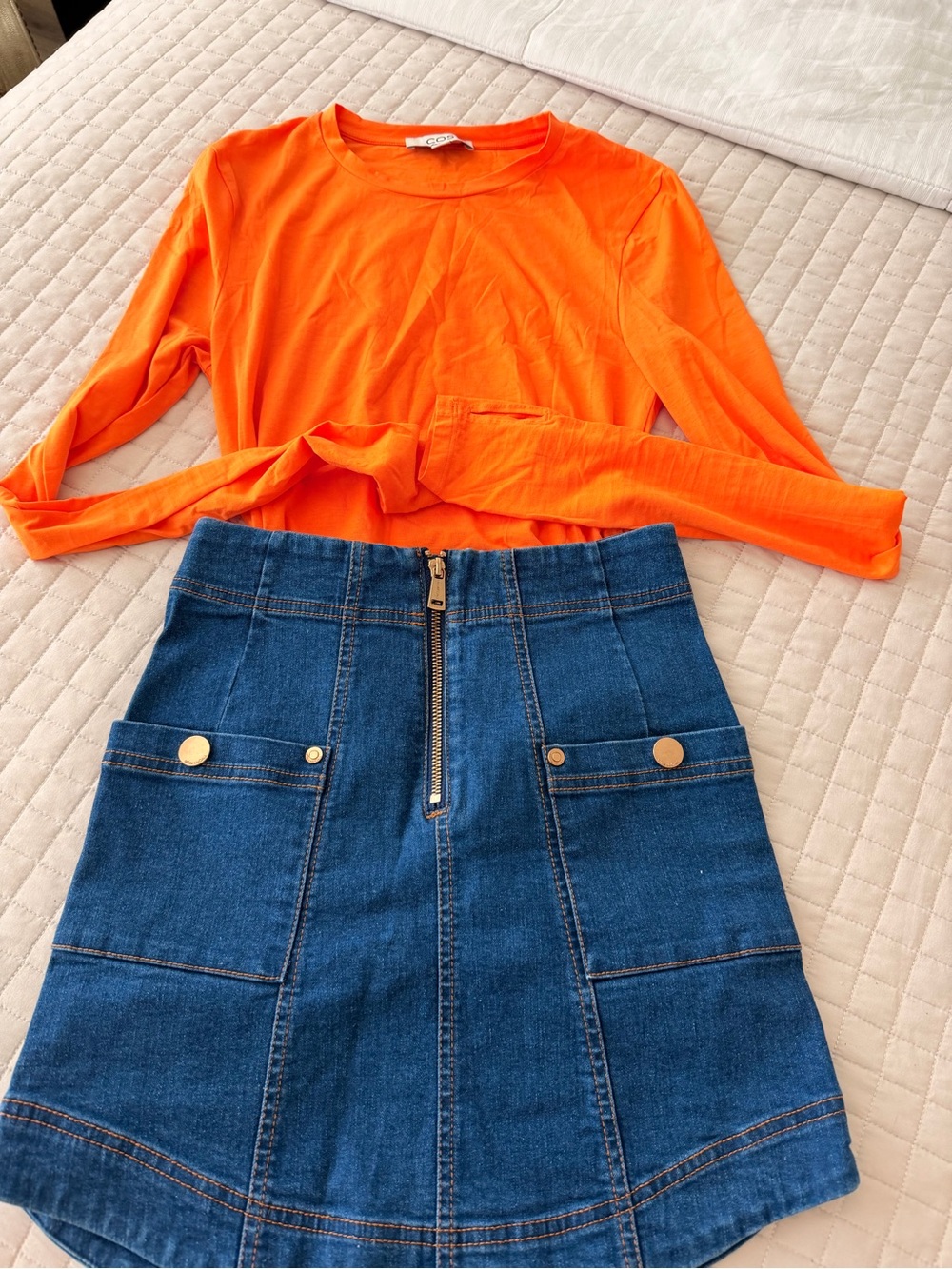 Alice McCall Orange Top with Denim Zip Skirt Set